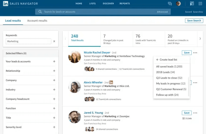 LinkedIn Sales Navigator dashboard showing lead search and monitoring features