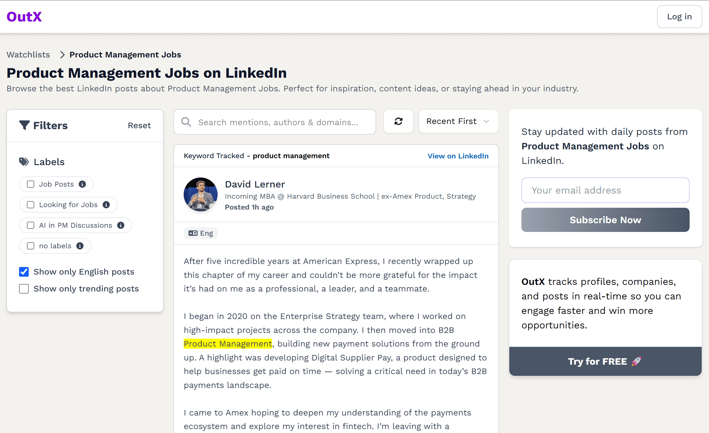 Example of a keyword-based watchlist tracking real-time conversations on LinkedIn