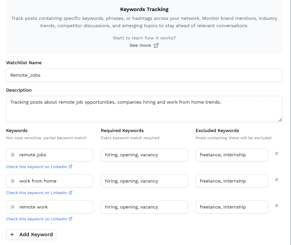 Keyword watchlist example in Outx.ai