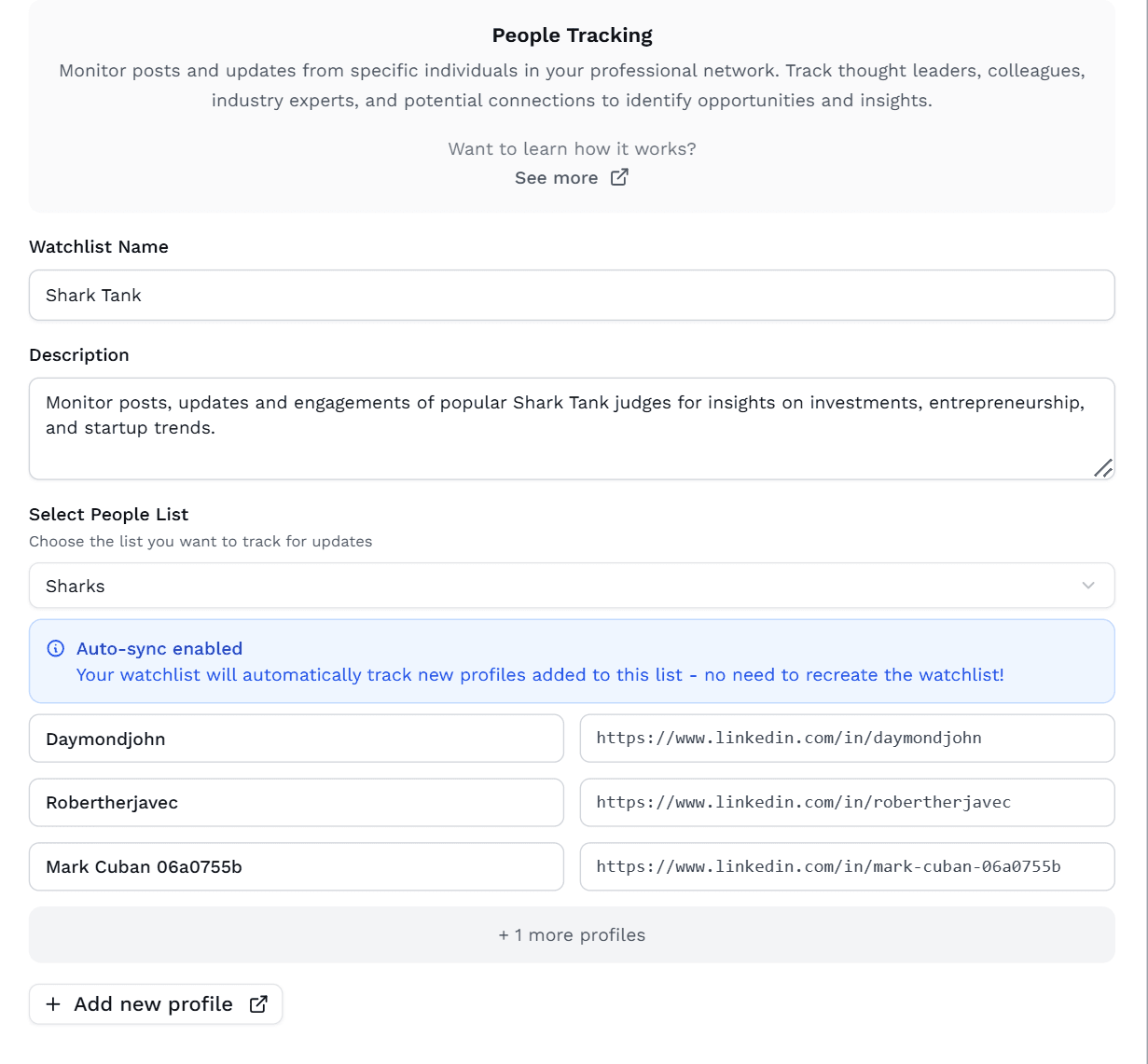Profile watchlist example in Outx.ai