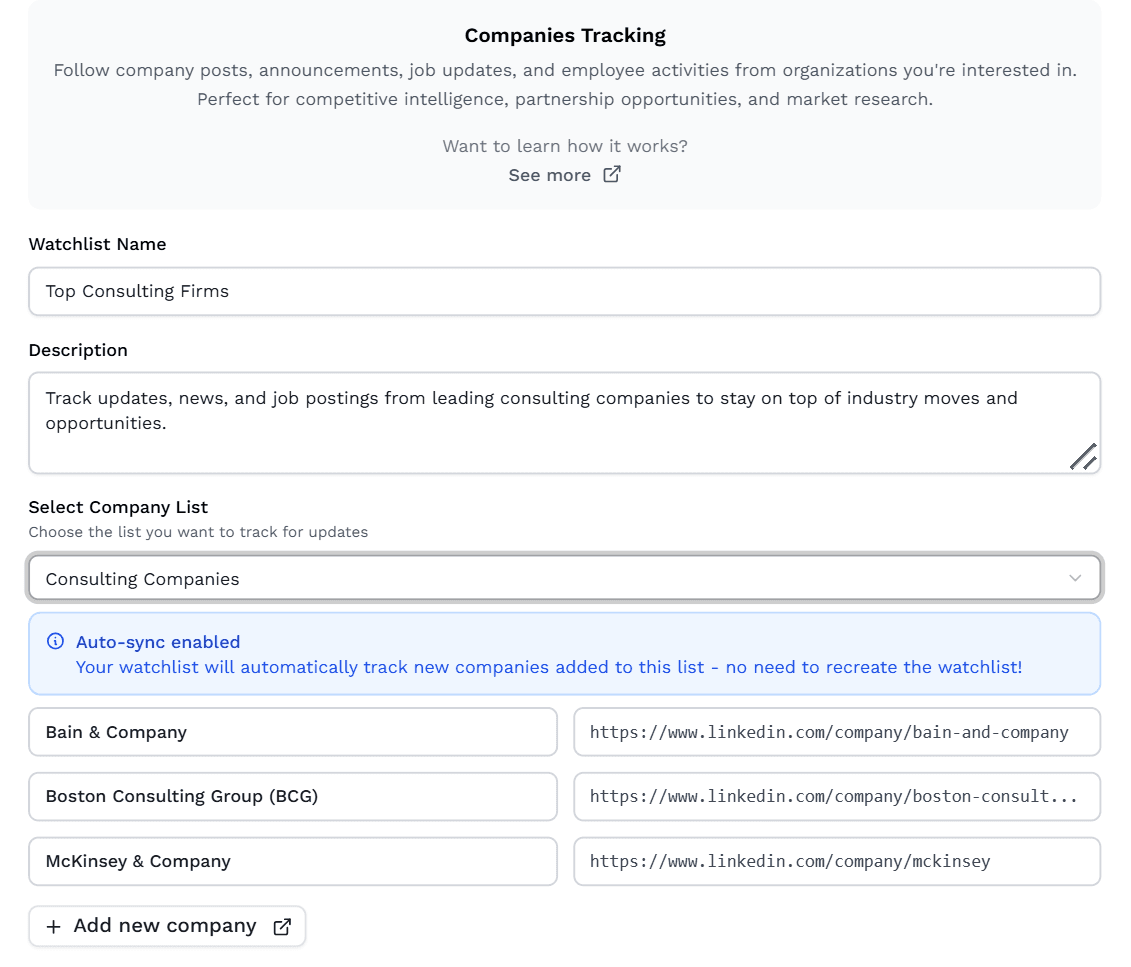 Company watchlist example in Outx.ai