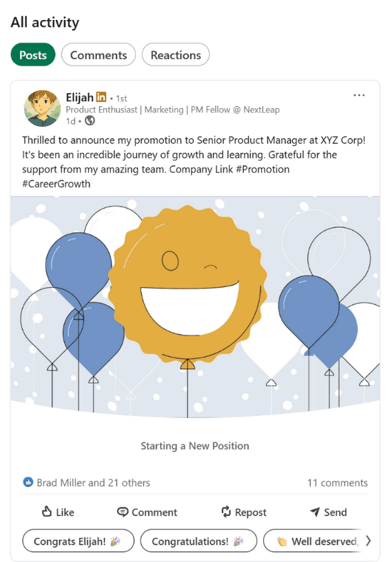 Professional man sharing promotion announcement and career milestone on LinkedIn social media platform